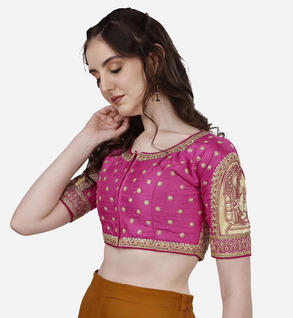Vihu Fashion Womens Heavy Embroidery Coding with Sequins and Diamond Work Half Sleeves Fancy Cutwork Readymade Saree Blouse.(Pa