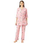 Sweet Dreams Women Printed Rayon 3 Piece Pyjama Set Peach