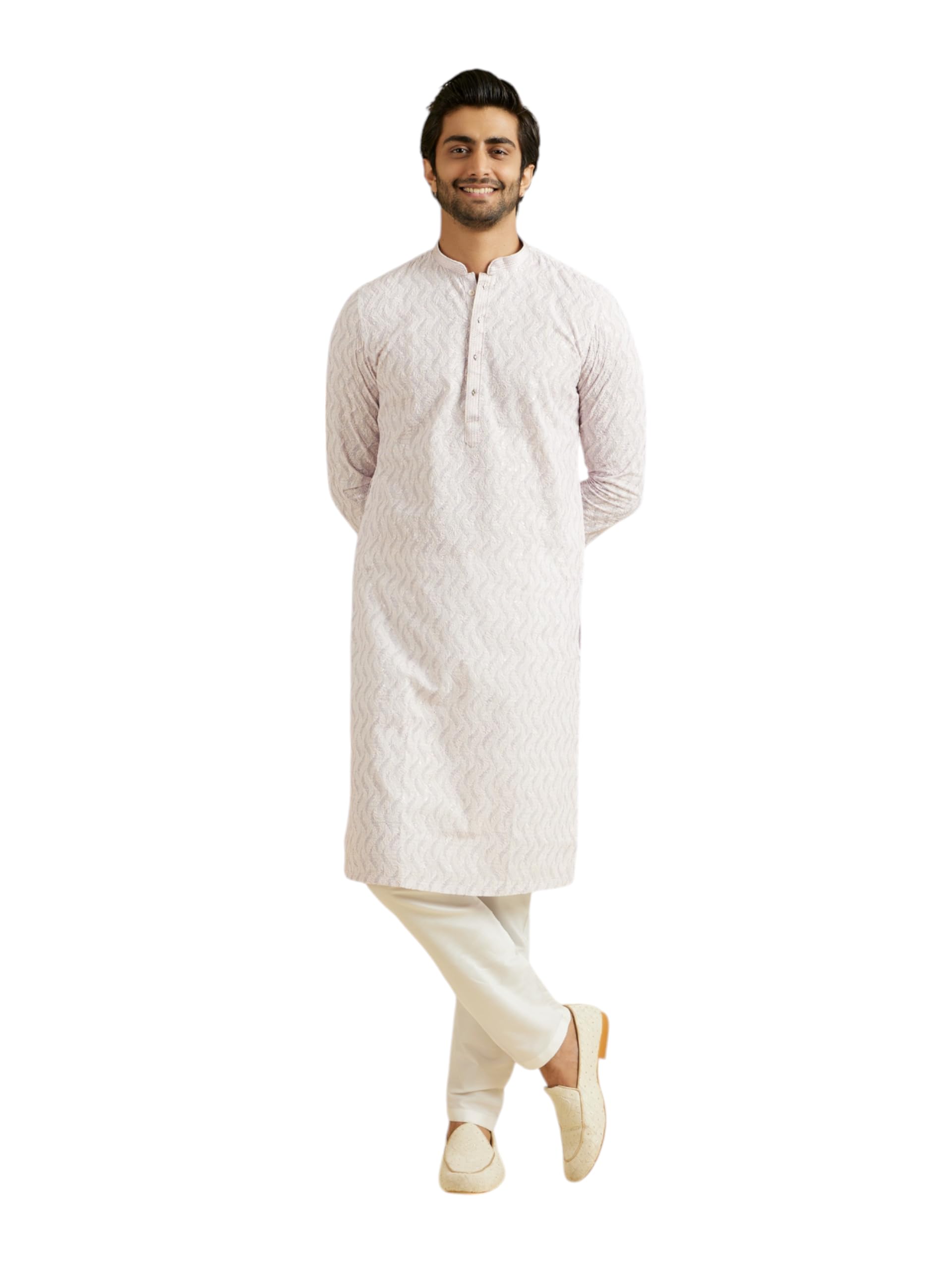 Manyavar Mens Cotton Printed Chikankari Kurta Pyjama Set (Pink,M)