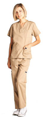 Dagacci Medical Uniform Woman and Man Scrub Set Unisex Medical Scrub Top and Pant, Khaki, S