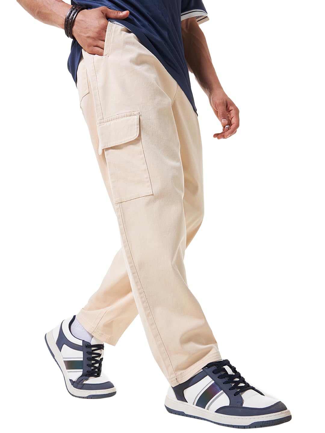 Bewakoof Mens Solid Oversized Fit Cotton Spandex Cargo Carpenter Casual Pants_617417_Beige_30