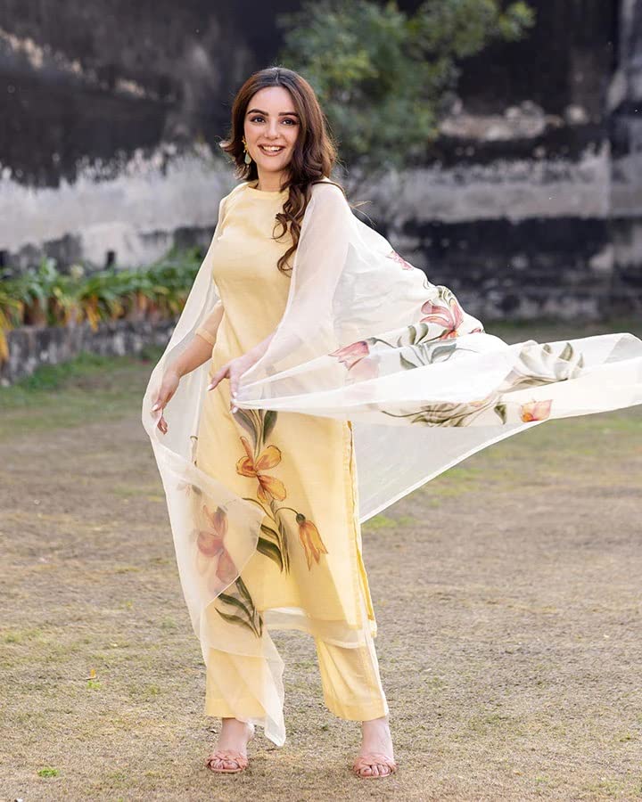 ANNI DESIGNER Womens Chanderi Cotton Straight Printed Kurta with Pant & Dupatta (Falak Cream_XL_Cream_X-Large)