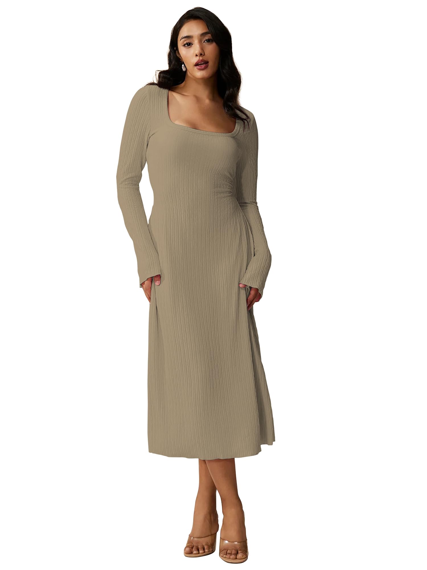 Shasmi Womens Kiwi Square Neck A-Line Dress  Long Sleeve, Tie Waist, Knitted Stretchable, Casual & Office Outfit, Solid Winter M