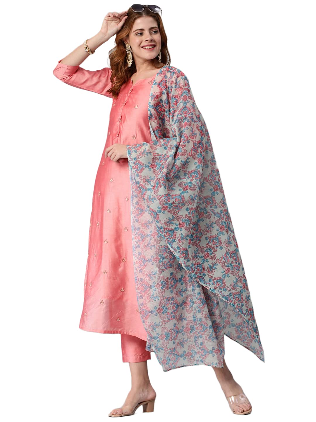 ANNI DESIGNER Womens Chanderi Cotton Traditional Straight Embroidered Kurta and Pant with Dupatta Set (Salaya Peach_S_Peach_Sma