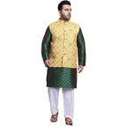 SOJANYA (Since 1958 Mens SilkBlend DGreen Kurta & White Pyjama With Yellow Printed Nehrujacket