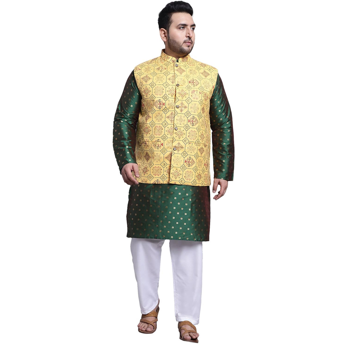 SOJANYA (Since 1958 Mens SilkBlend DGreen Kurta & White Pyjama With Yellow Printed Nehrujacket