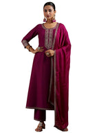 Libas Womens Yoke Design Silk Blend A-Line Kurta With Trousers And Dupatta