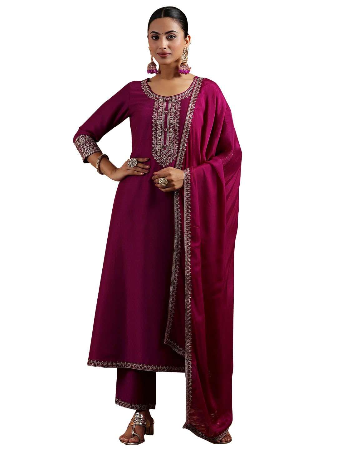 Libas Womens Yoke Design Silk Blend A-Line Kurta With Trousers And Dupatta