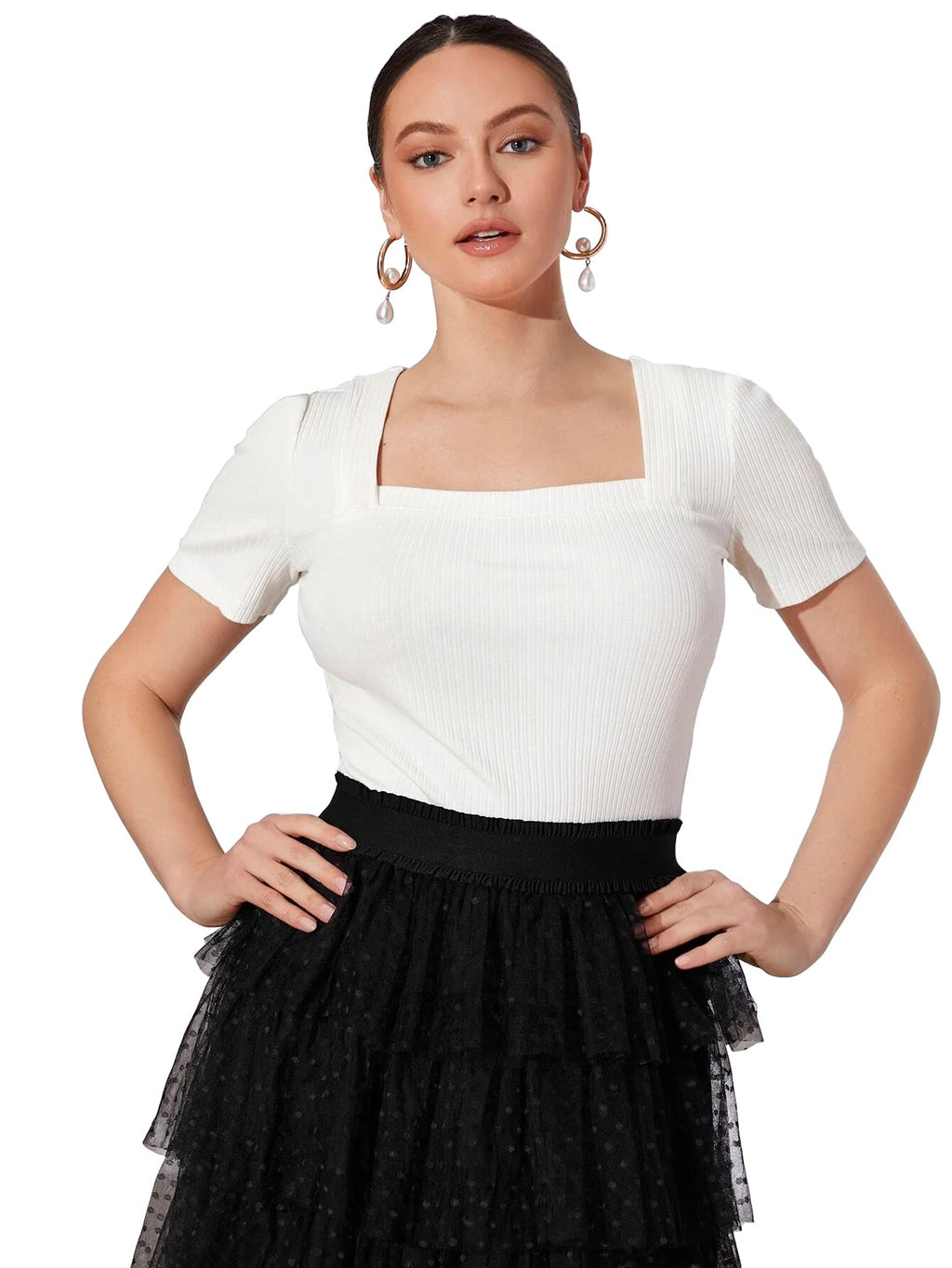Shasmi Womens & Girls White and Maroon Solid Knitted Square Neck Regular Fit T-Shirts Short Puff Sleeve Tops (52 Pack 2 White