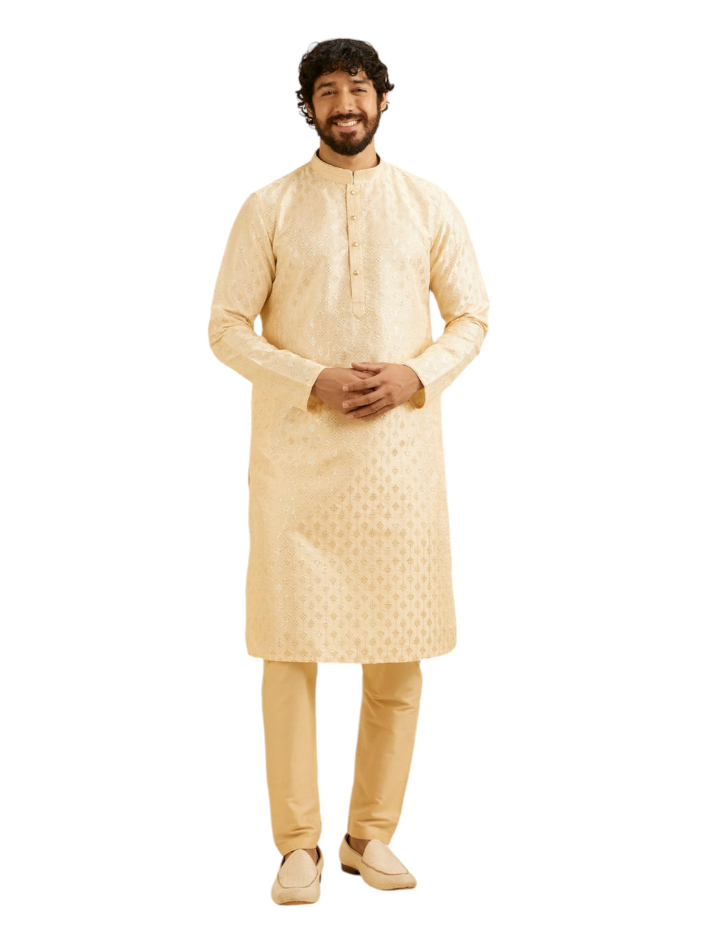 Manyavar Mens Art Silk Sequined Kurta Set (Beige,XXL)