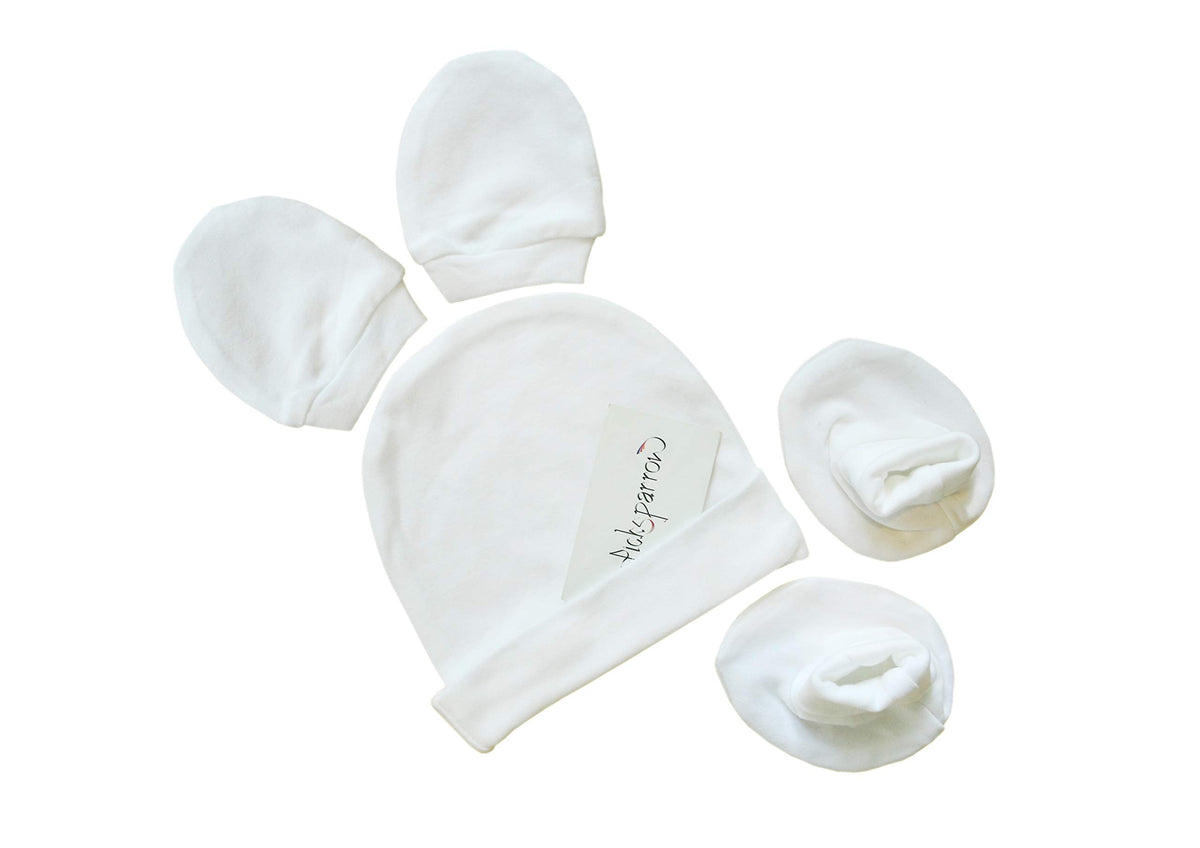 Picksparrow Baby Cotton CapBootiesMittens Set(1)/Newborn Essentials (Design  Plain White, 0 Months3 Months) 0-3
