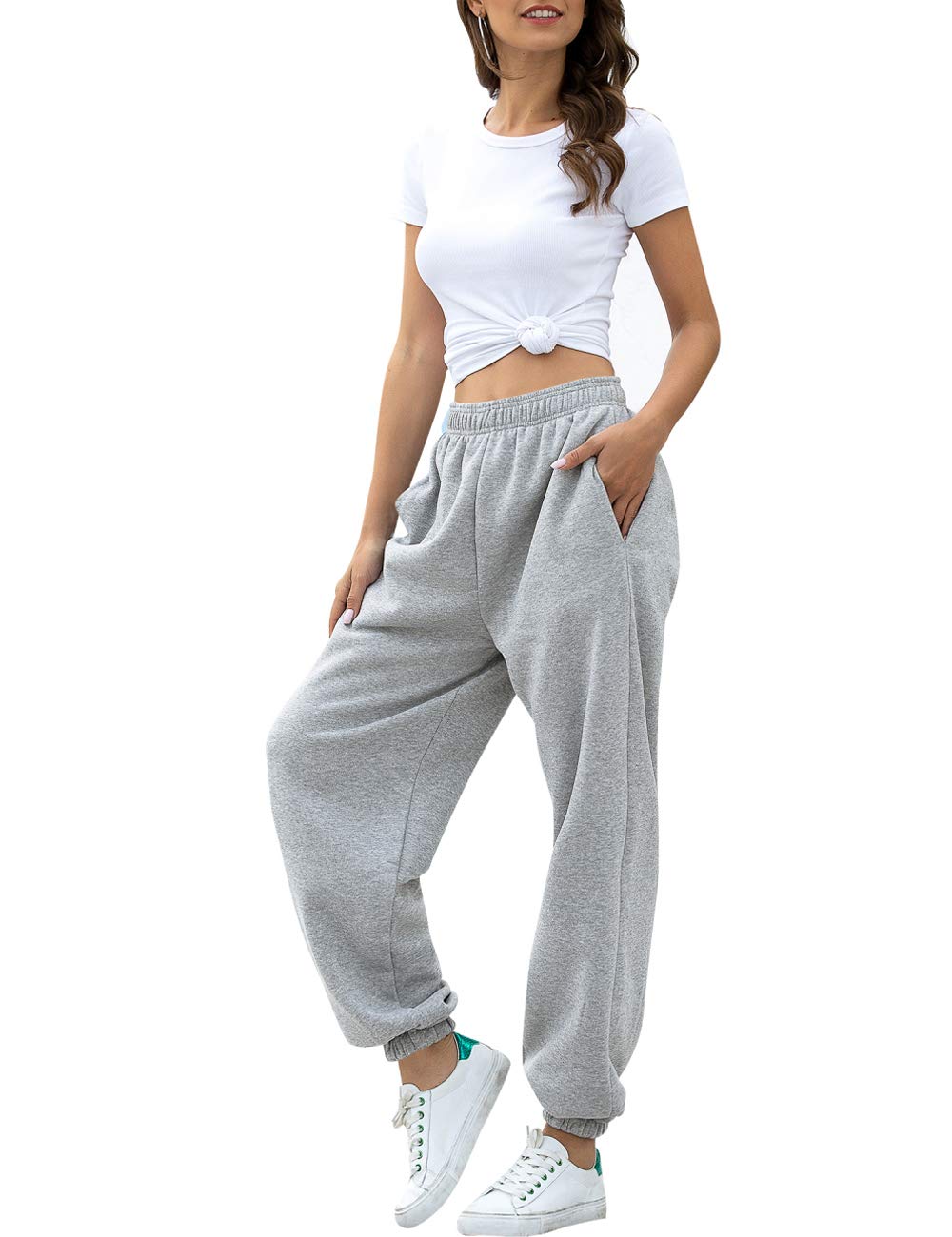 HeSaYep Women's High Waisted Sweatpants Workout Active Joggers Pants Baggy Lounge Bottoms,Grey M