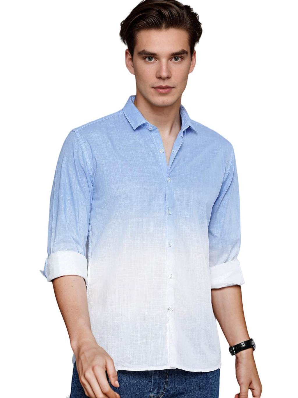 IndoPrimo Mens Cotton Casual Solid Shirt for Men Full Sleeves (Large, Sky - White)