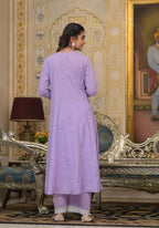 Varanga Women Lavender V-Neck Embroidered, Cotton Lace Detailed Anarkali Kurta Paired With Palazzo & Embroidered Dupatta
