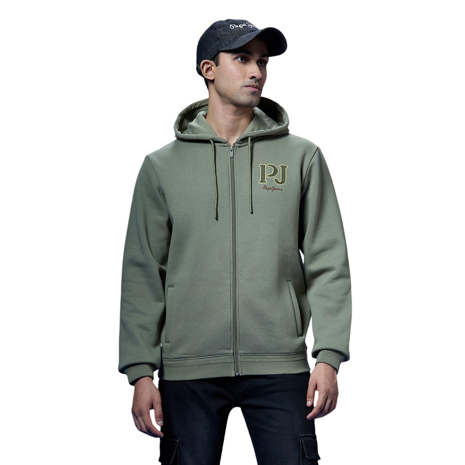 Pepe Jeans Green Embroidered Full Sleeved Zipper Sweatshirt