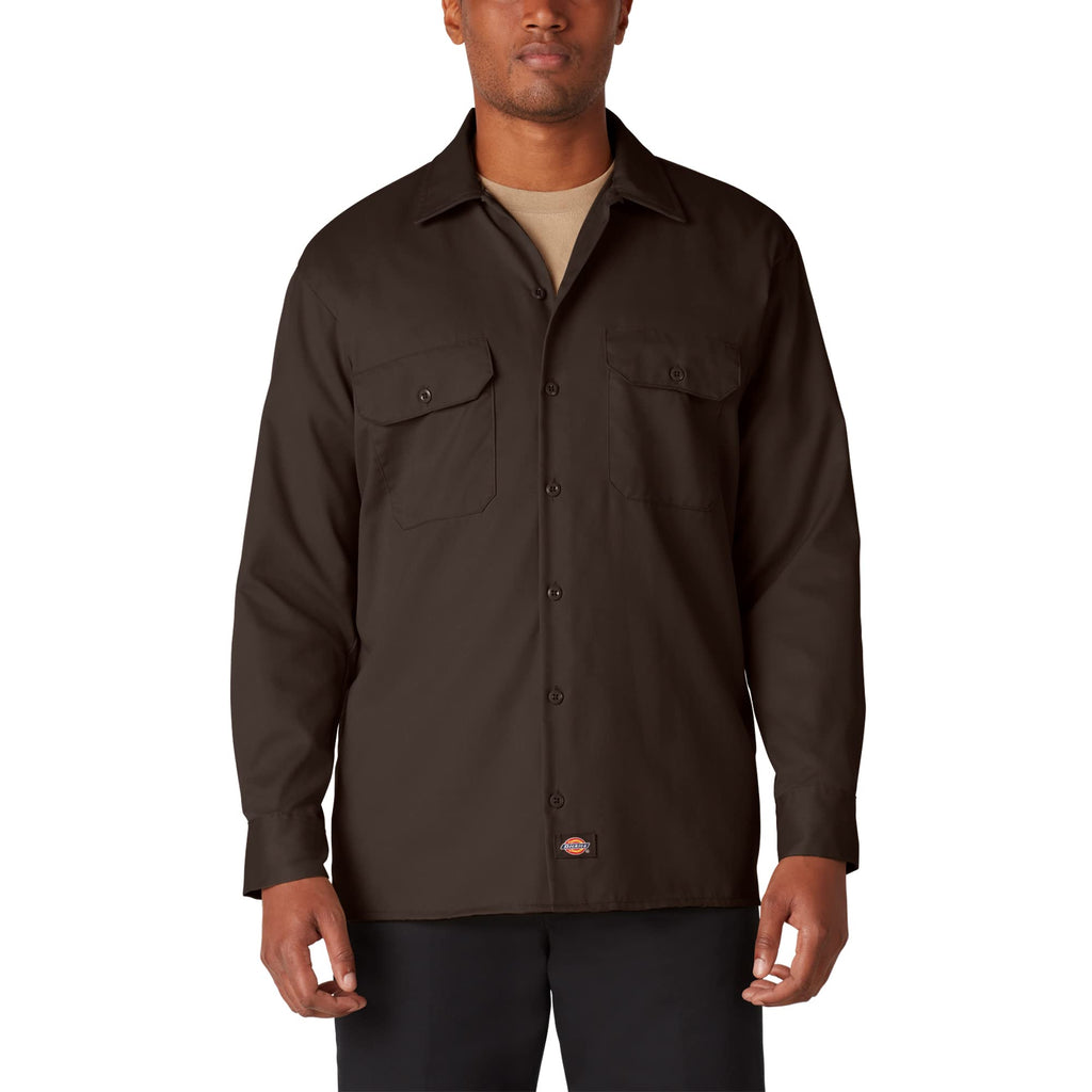 Dickies mens Long-sleeve work utility button down shirts, Dark Brown, Large US