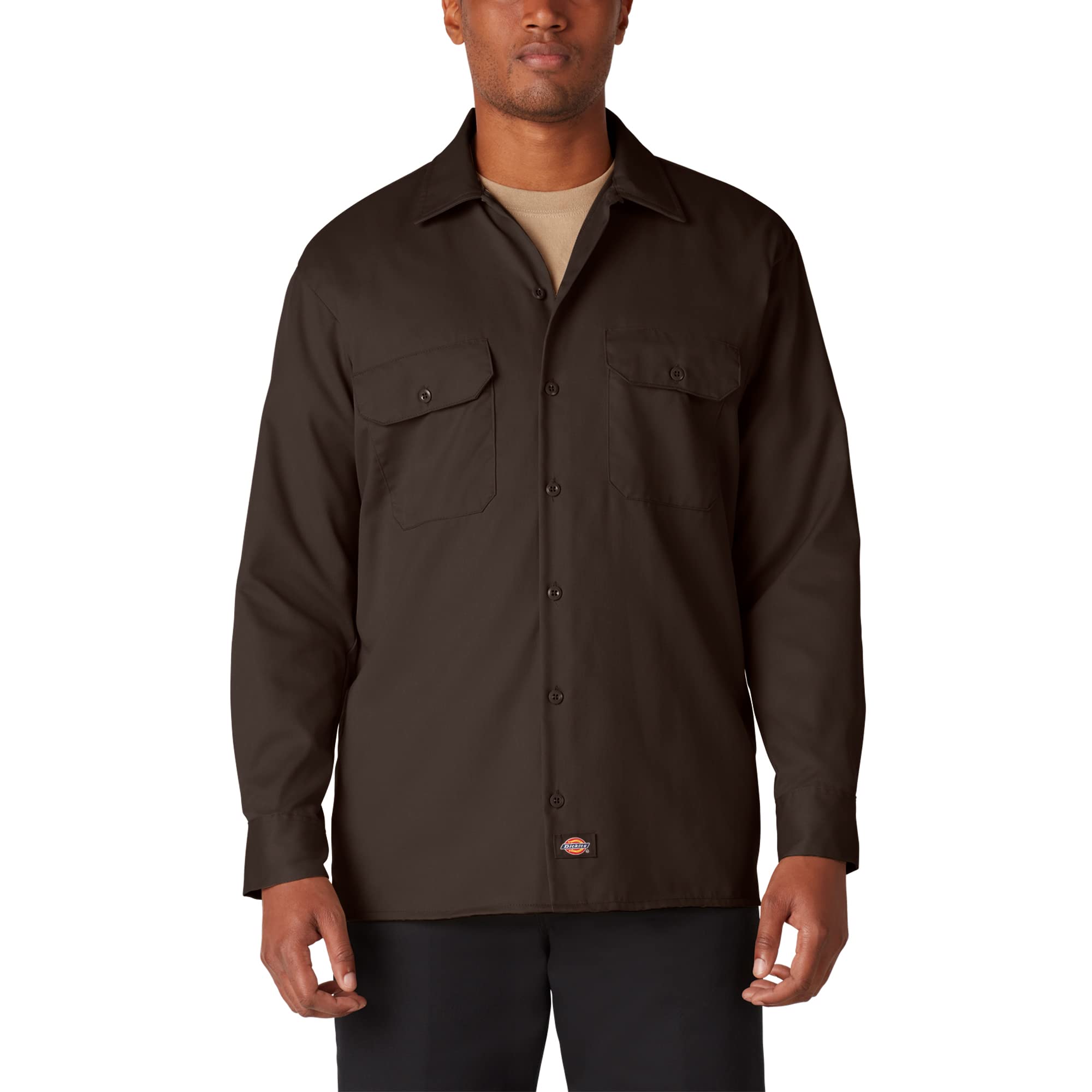 Dickies Mens Long Sleeve Work Shirt, Dark Brown, Small