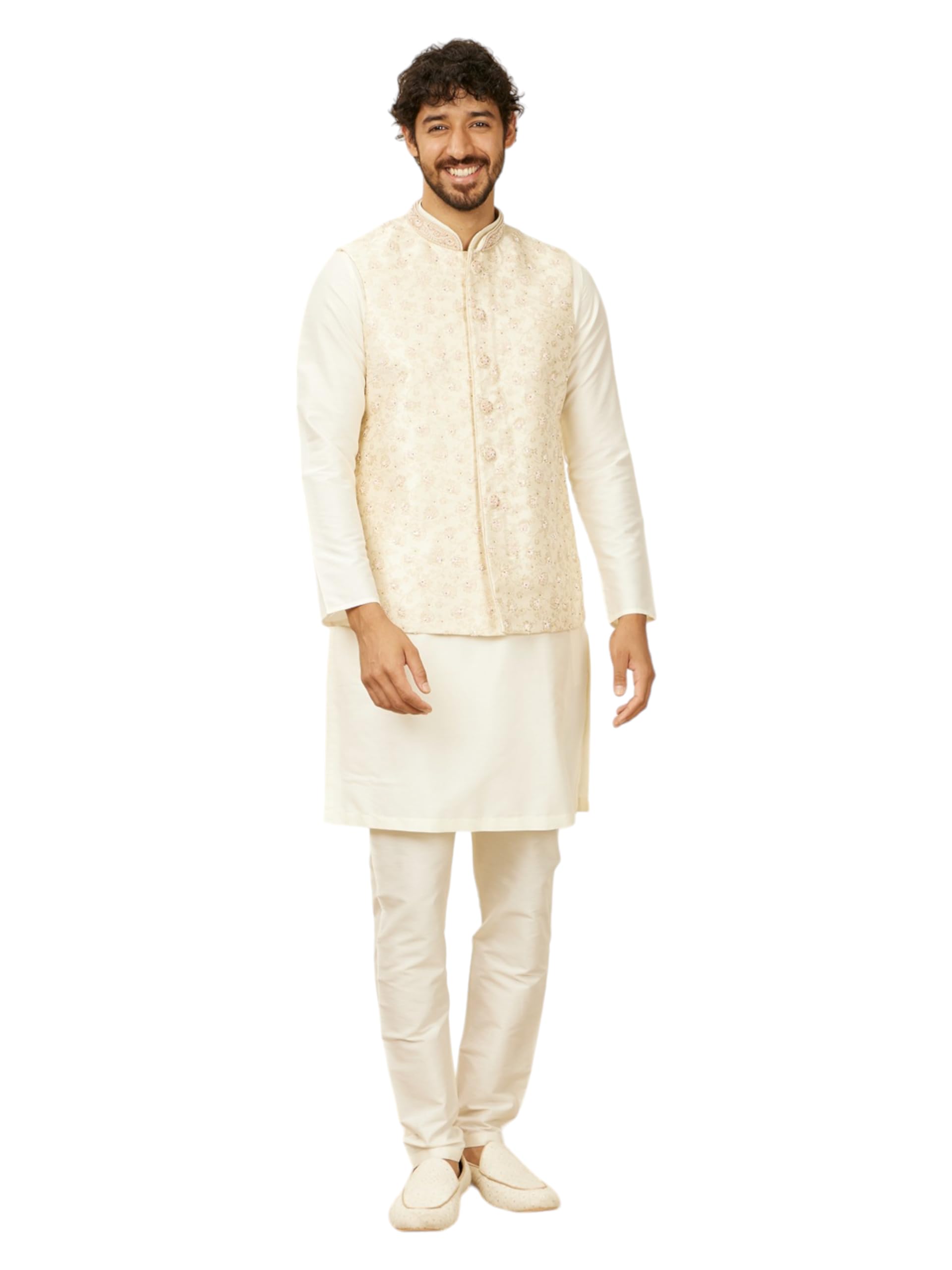 Manyavar Cream Brocade Embroidery|Stone Work Jackets for Men