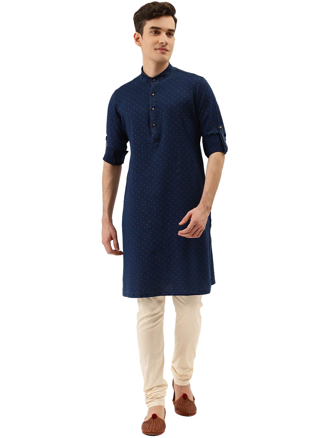 Manyavar Denim Printed Full Sleeves Casual Wear Kurta For Men - (Blue, Medium)