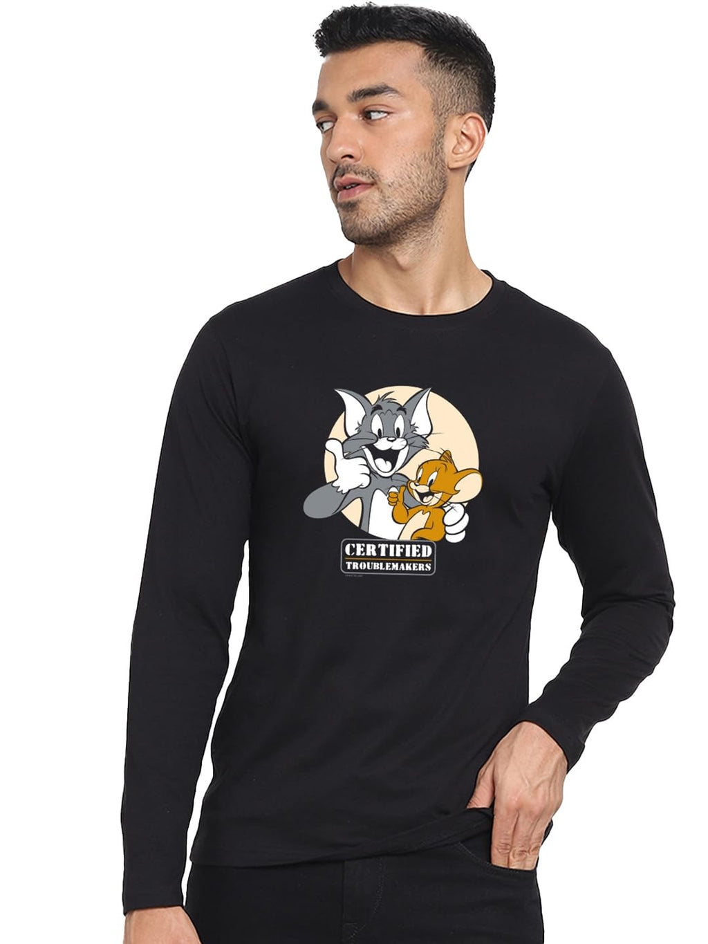Bewakoof Mens Certified Troublemakers (TJL) Graphic Print Black Round Neck Long Sleeve T-Shirt
