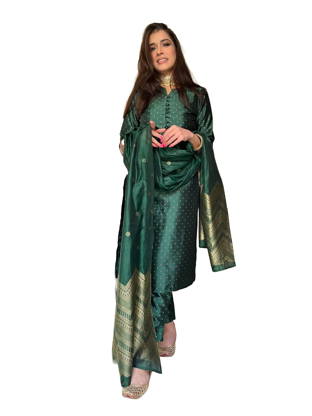 ANNI DESIGNER Womens Silk Blend Straight Embellished Kurta with Pant & Dupatta (Tapeta New Green_M_Green_Medium)