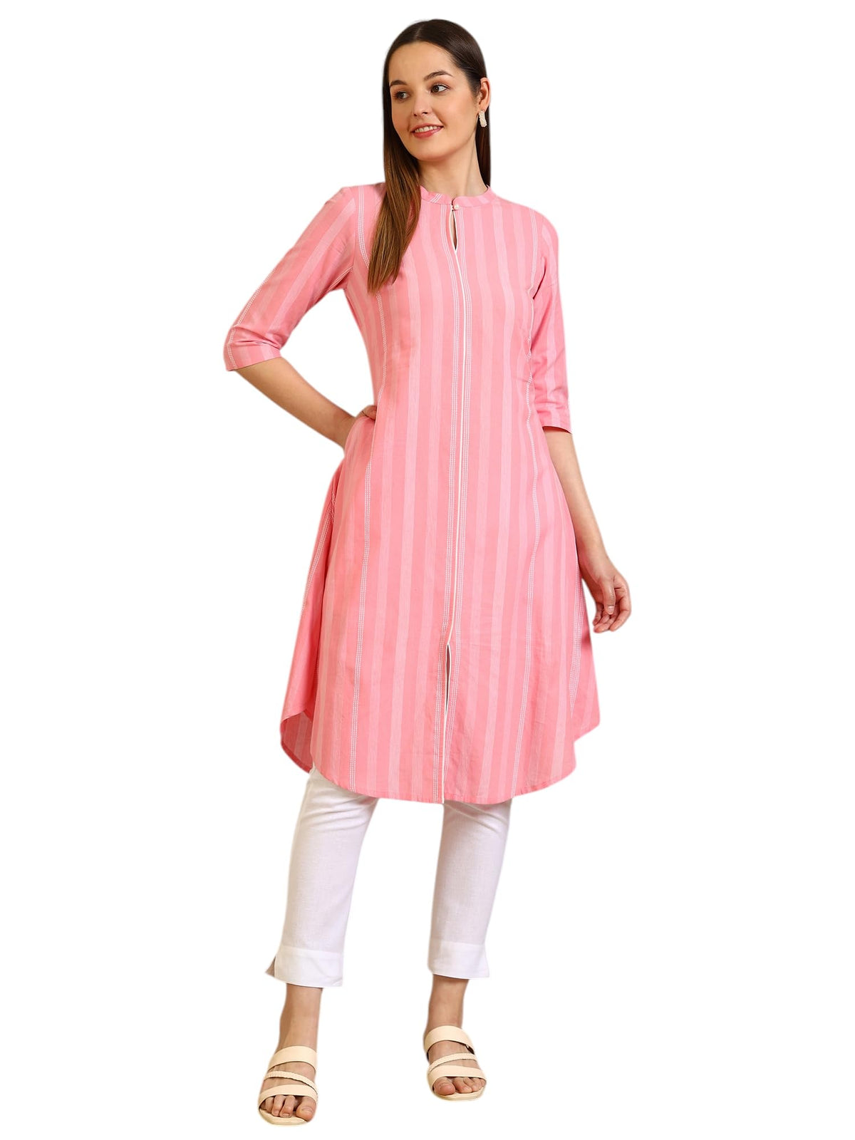 Aurelia Womens Pink Stripe Pure Cotton A-line Kurta (Size: XL)-A15790-701991