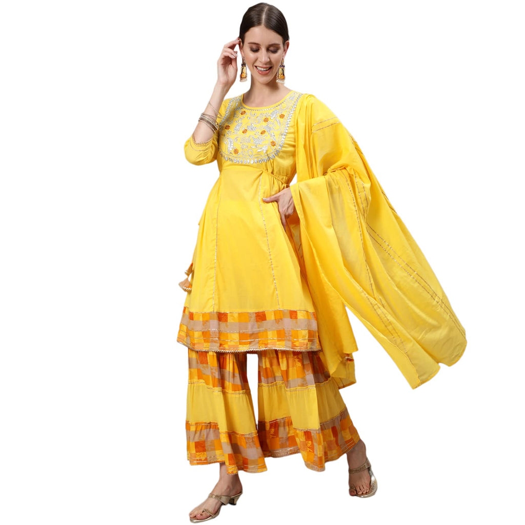 Ishin Women'S Pure Cotton Yoke Design Anarkali Kurta Suit Set With Dupatta & Sharara Kpldfab-18010_Xl_Yellow