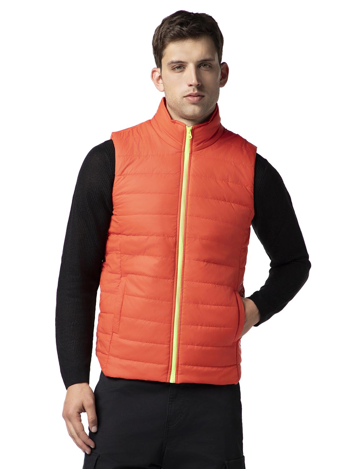 FYLTR Mens Sleeveless Puffer Jacket with Neon Trims - Stand Collar | Full Zipper | Side Pockets | Shaped Hem