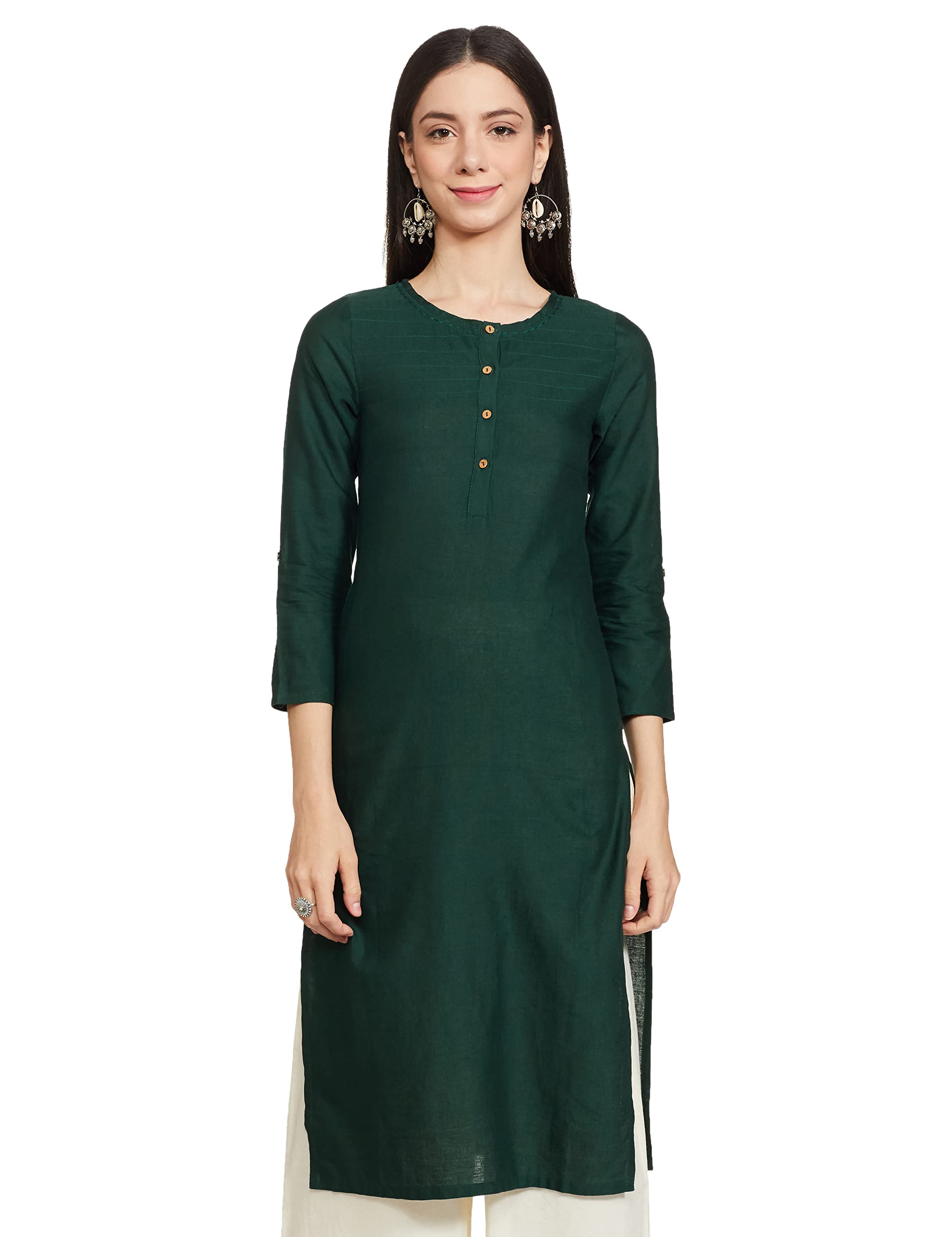 W For Woman Cotton Green Solid Round Neck Straight Kurta_21Few13783-213745_Xs