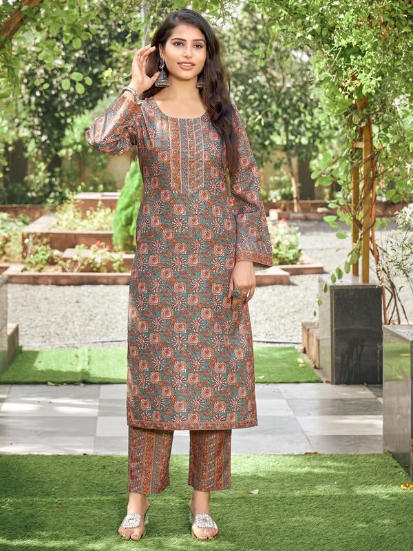 NAINVISH Womens Viscose Rayon Printed Straight Round Neck Kurta Pant with Dupatta