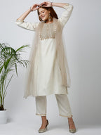 Gufrina WomenS Cotton Blend Kurta Pant With Round Neck 3/4Th Sleeves Solid Pattern Embroidery Work Regular Fit And Calf Length