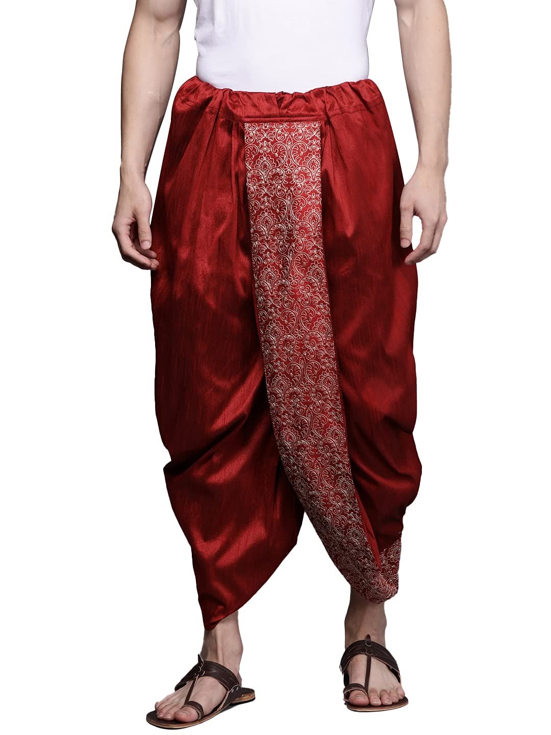 Manyavar Mens Maroon Art Silk Solid Dhotis