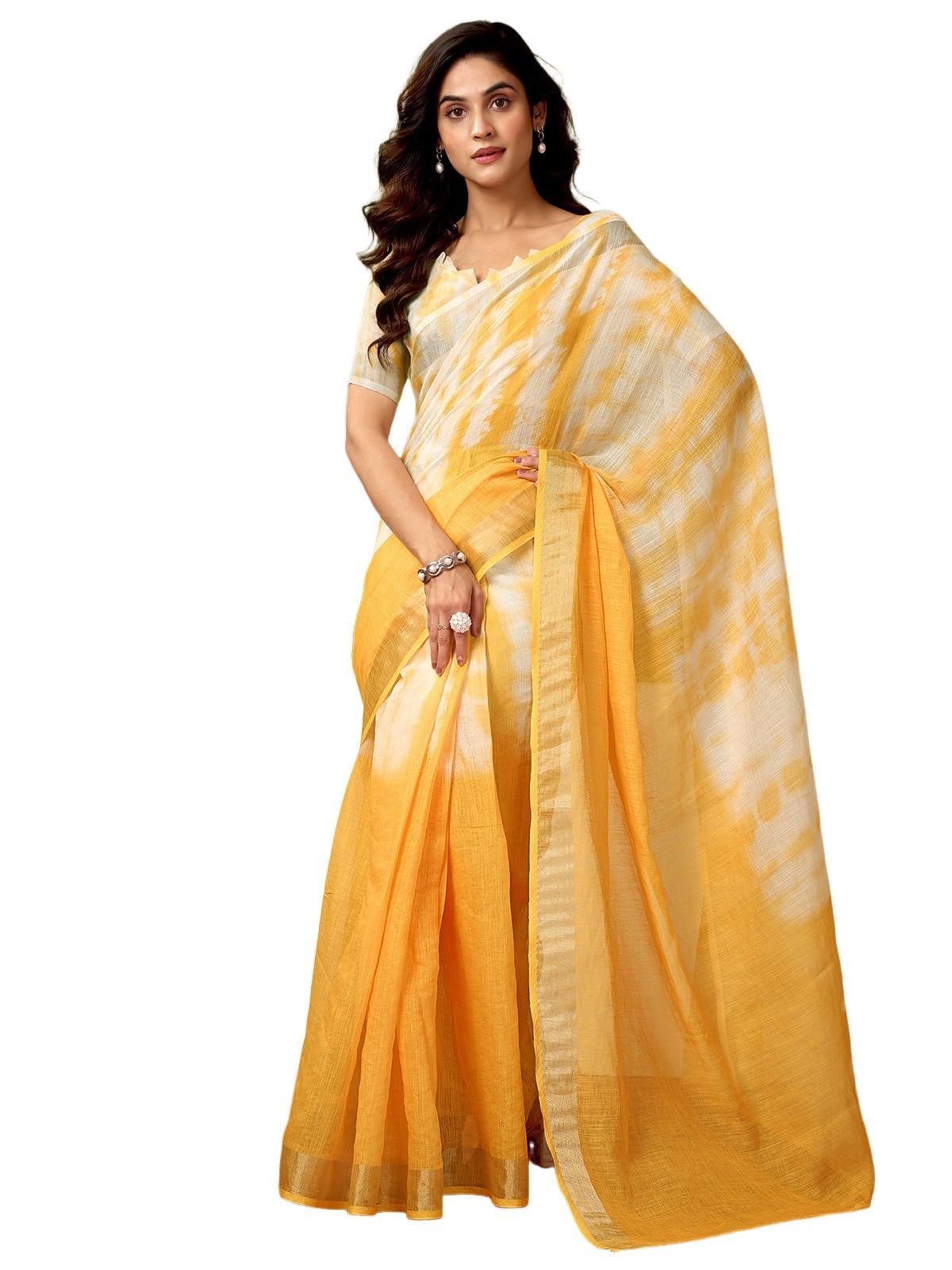 Satrani WomenS Linen Zari Border Printed Ready To Wear One Minute Pre Pleated Readymade Saree With Unstitched Blouse Piece (34R
