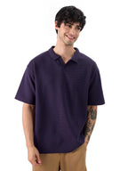 The Souled Store Solids: Berry Blue Men and Boys Short Sleeves Collared Neck Textured Cotton Blend Oversized Polos