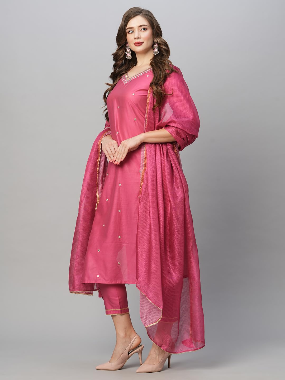 ANNI DESIGNER Womens Cotton Blend Embroidered Straight Kurta with Pant & Dupatta (BAGICHA-Rani-FNW_3XL_Pink_XXX-Large)