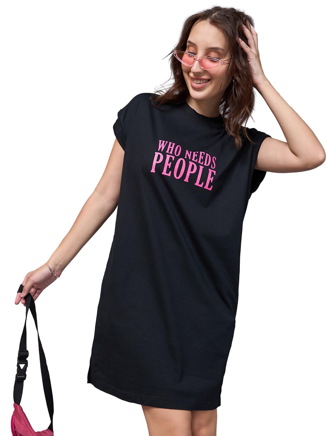 Bewakoof Womens Typography Oversized Fit Sleeveless Round Neck Cotton Jersey T-Shirt Dress_627783_Black_2XL