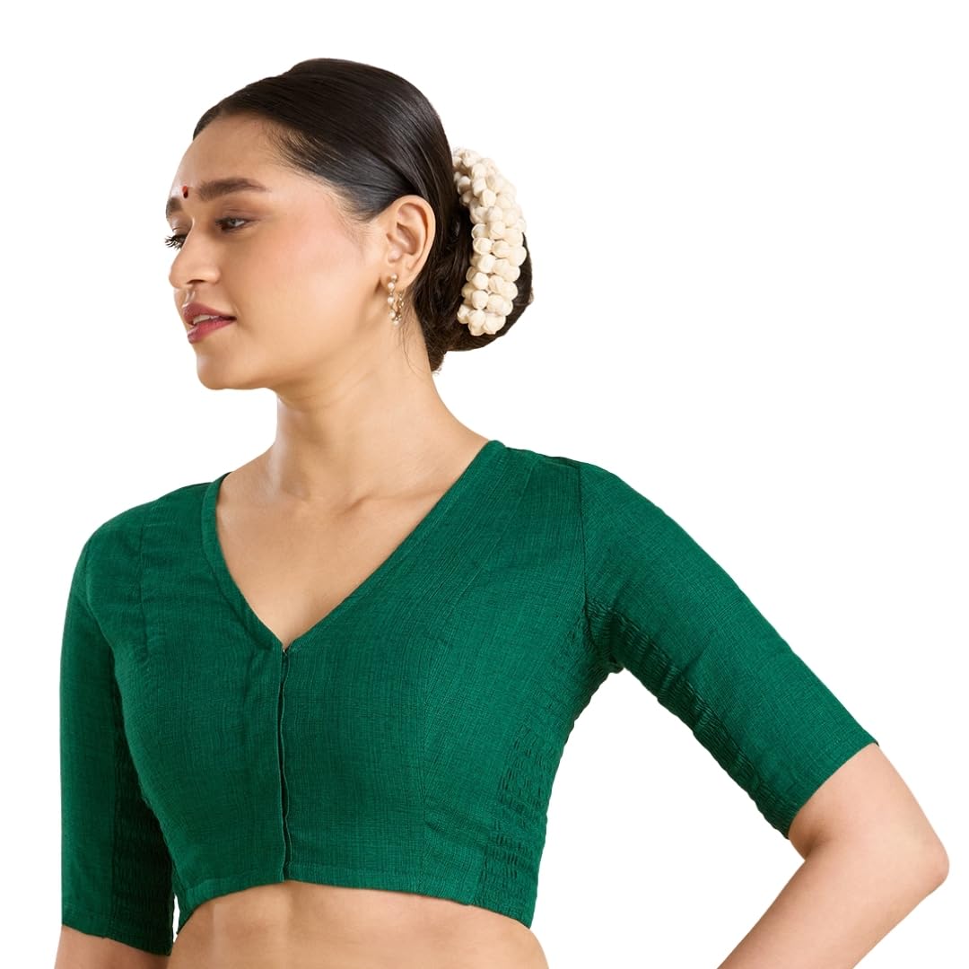 Studio Shringaar WomenS Madras Handloom Cotton Side Stretchable (Smocked) Readymade Saree Blouse (Green, 36) 36