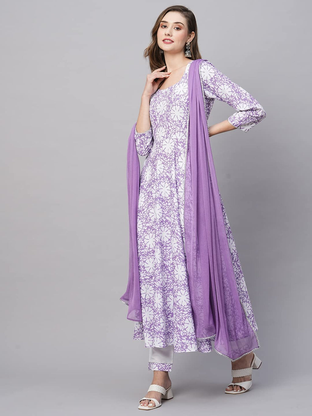 ANNI DESIGNER Womens Cotton Blend Anarkali Printed Kurta with Pant & Dupatta (AMIG-Purple_L_Purple_Large)