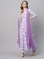 ANNI DESIGNER Womens Cotton Blend Anarkali Printed Kurta with Pant & Dupatta (AMIG-Purple_L_Purple_Large)