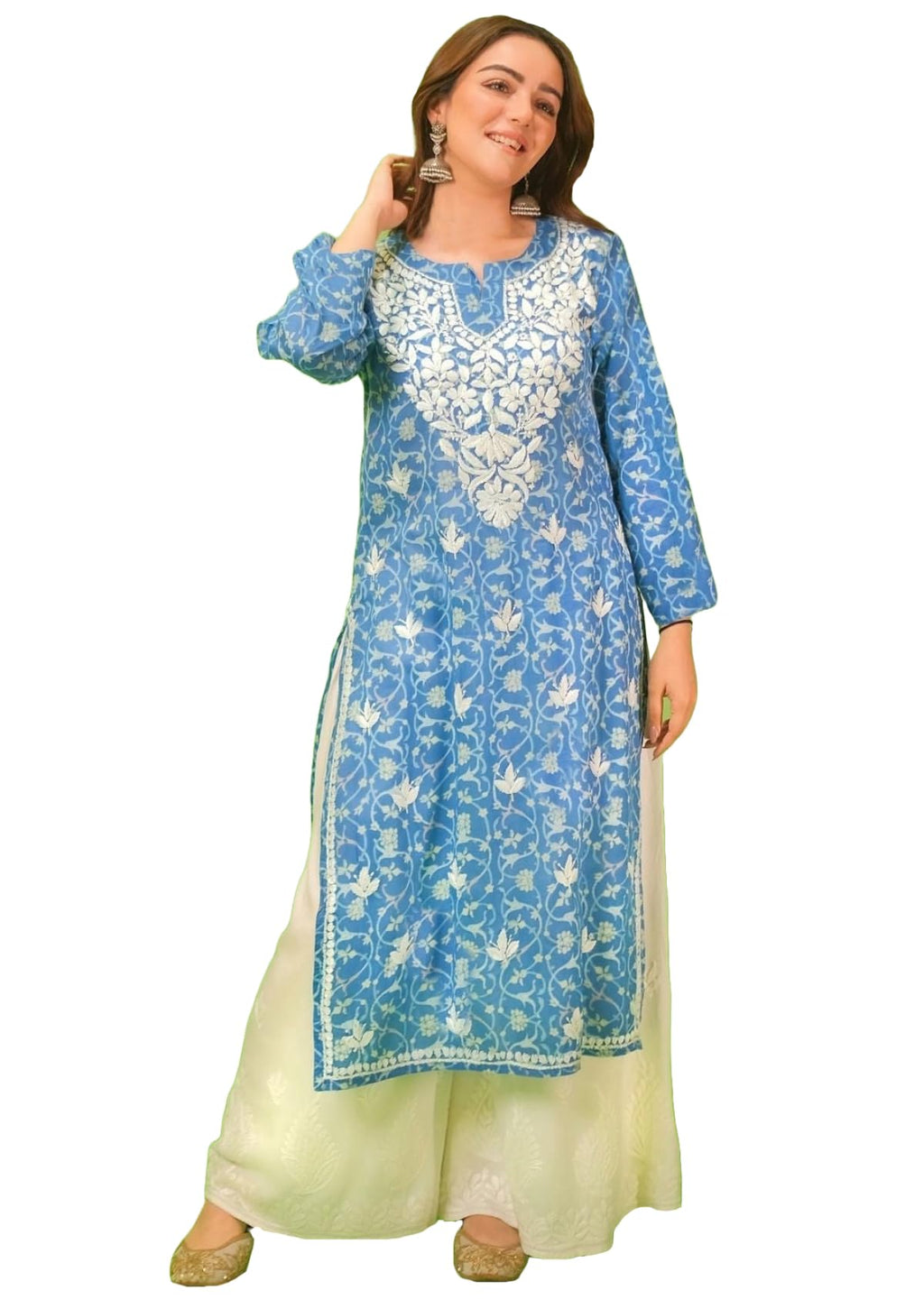 Anni Designer Women'S Rayon Blend Straight Chikankari Embroidered Kurta (Nakusha Blue_Xxl_Blue_Xx-Large)
