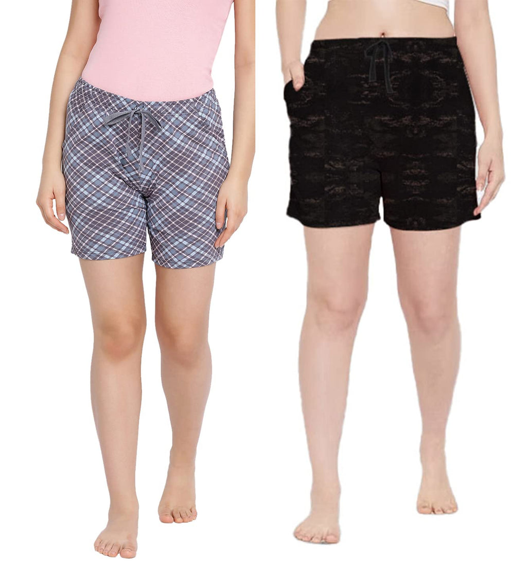 Lyra Pure Cotton Printed Night Shorts For Women (Pack Of 2)