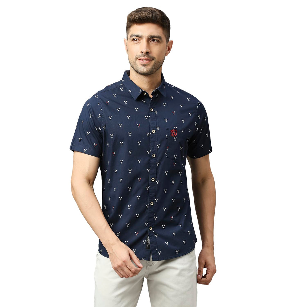 Thomas Scott Mens Printed Slim Fit 100% Cotton Casual Shirt with Spread Collar and Half Sleeve