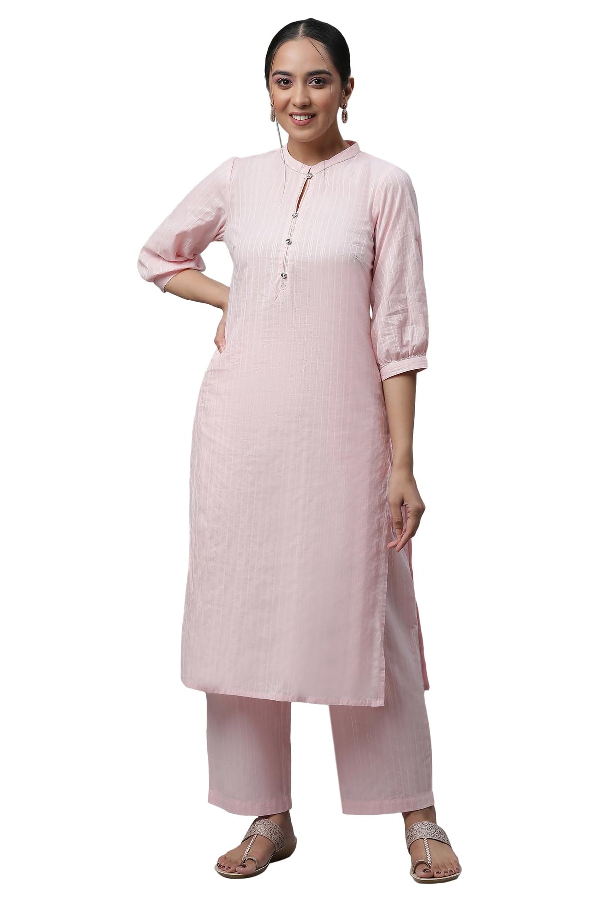 Aurelia WomenS Baby Pink Pure Cotton Straight Kurta, Palazzos Suit Set_23Auas14221-606167_Xs