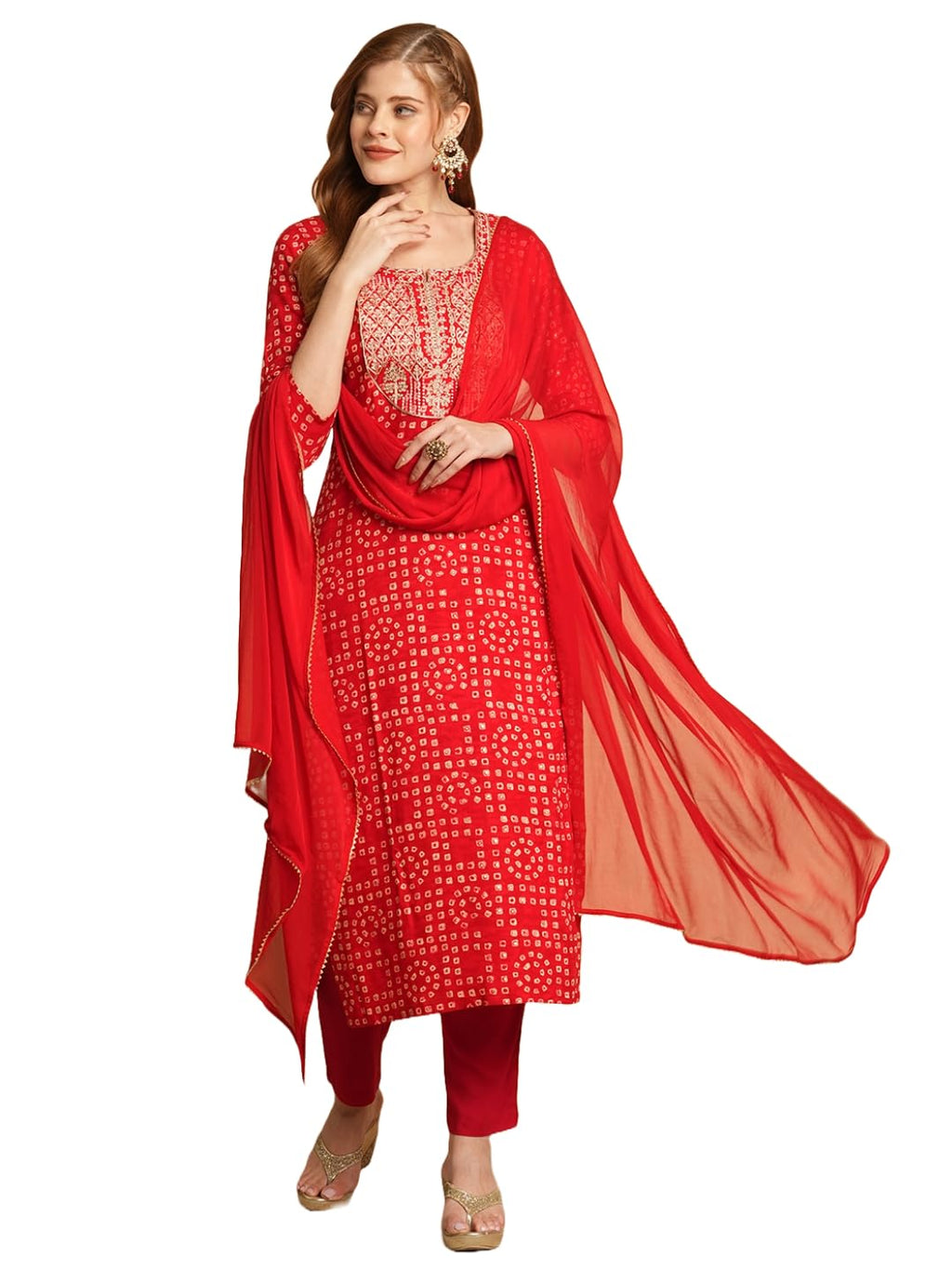 ANNI DESIGNER Womens Cotton Blend Straight Printed Kurta with Pant & Dupatta (Lashya Red_S_Red_Small)
