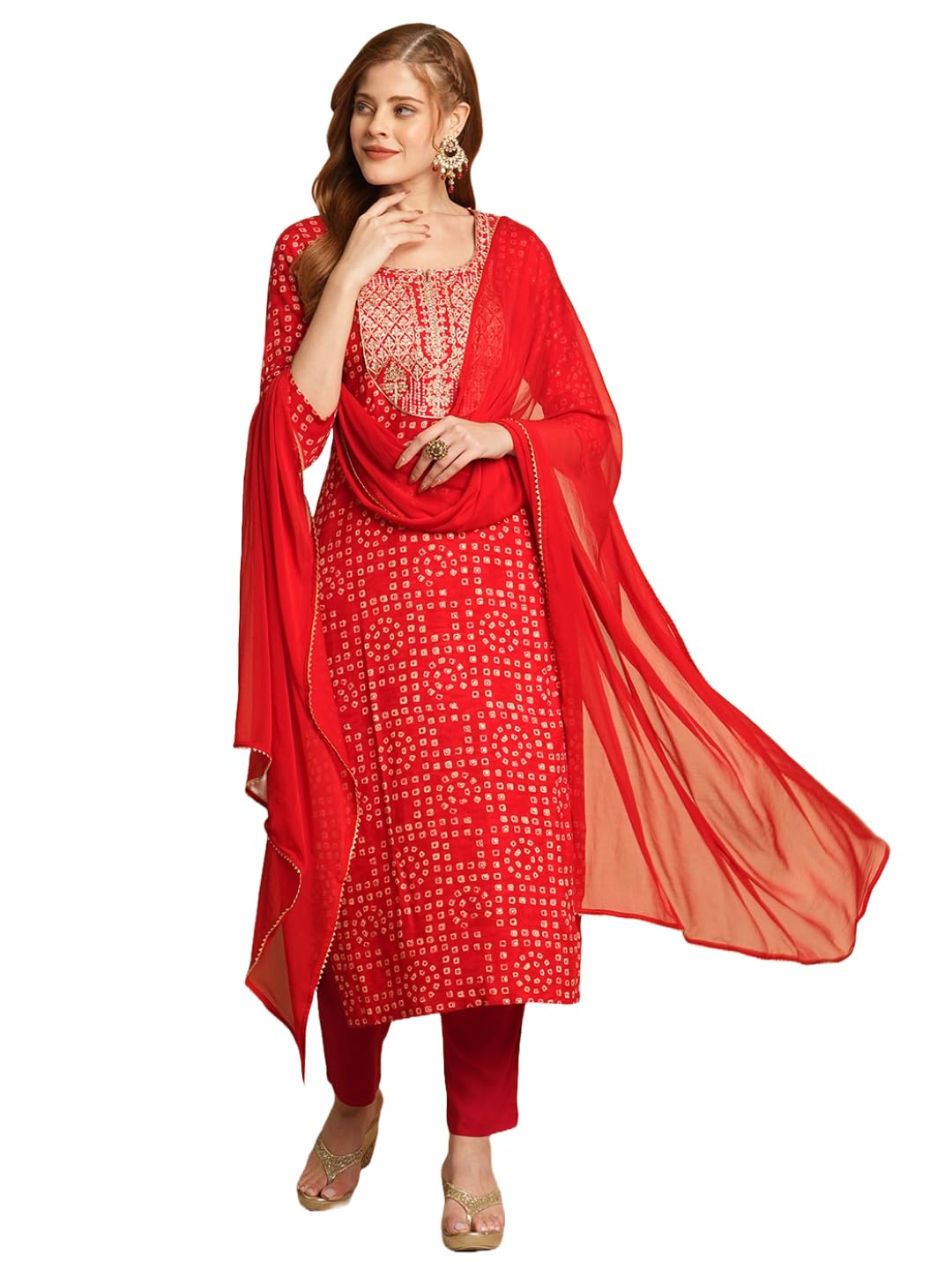 ANNI DESIGNER Womens Cotton Blend Straight Printed Kurta with Pant & Dupatta (Lashya Red_S_Red_Small)