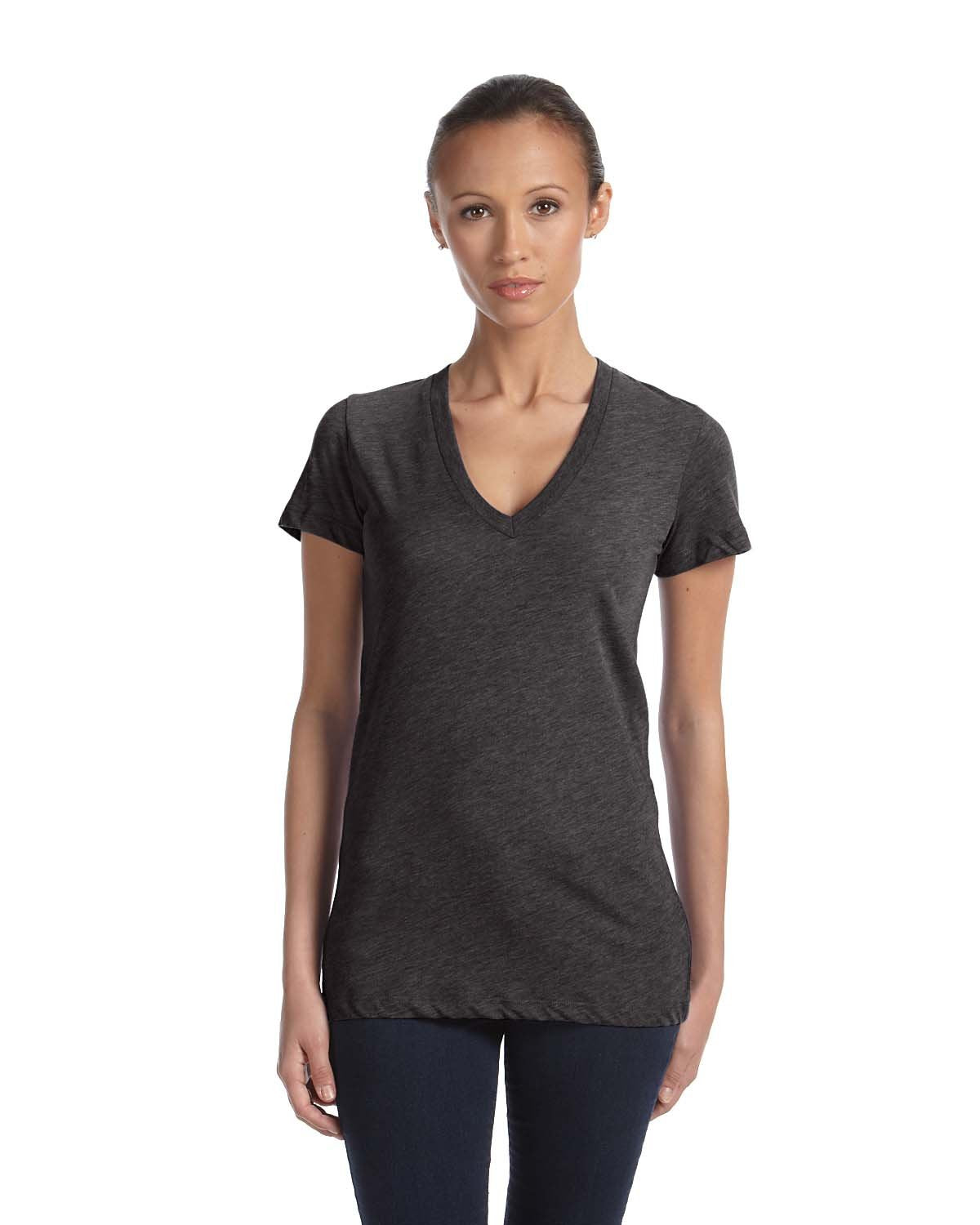 Ladies Triblend Short-Sleeve Deep V-Neck T-Shirt - BLUE TRIBLEND - S(D0102H7WBM2)