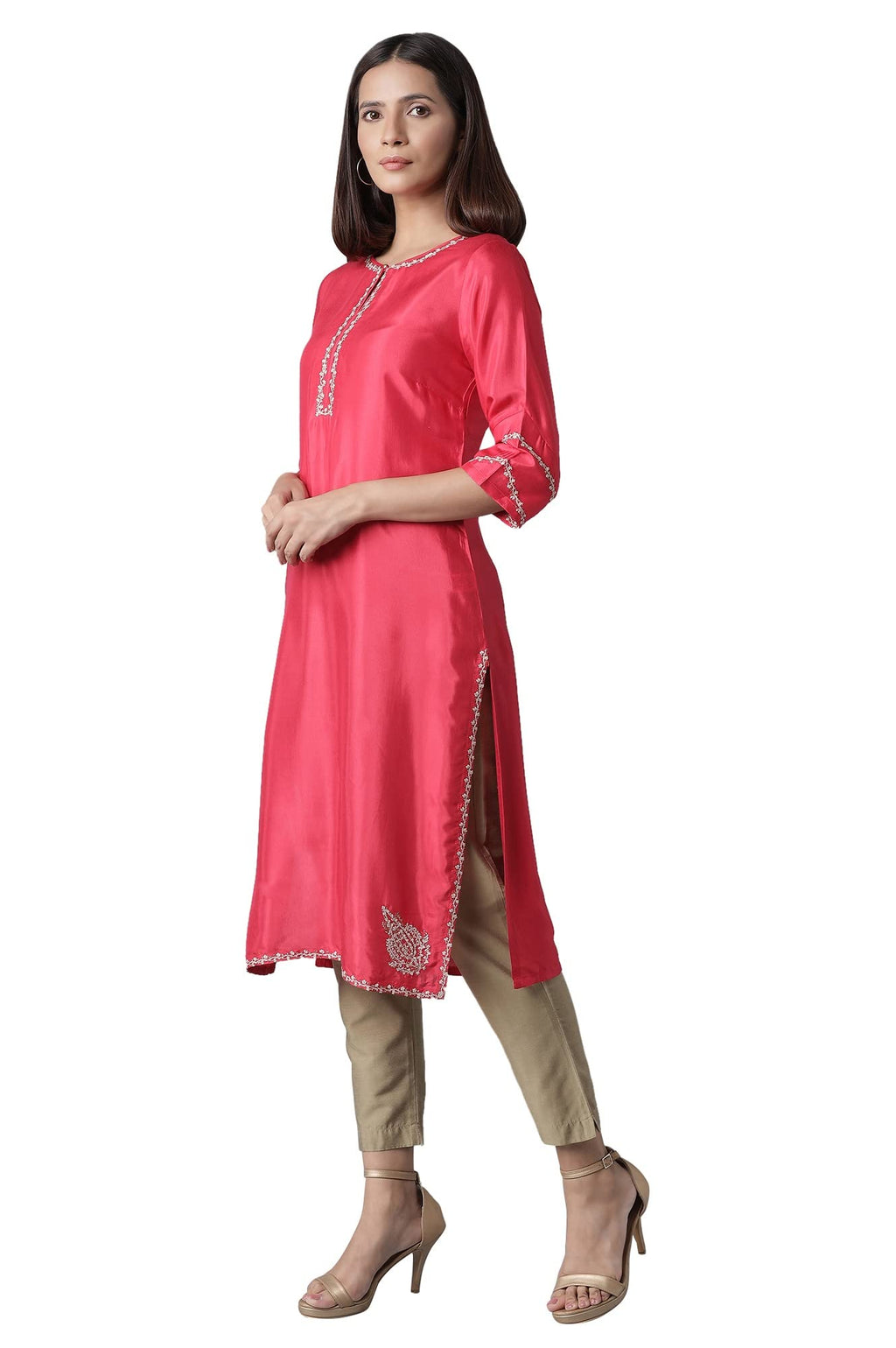 W For Woman Rasberry Red Solid Festive Straight Kurta