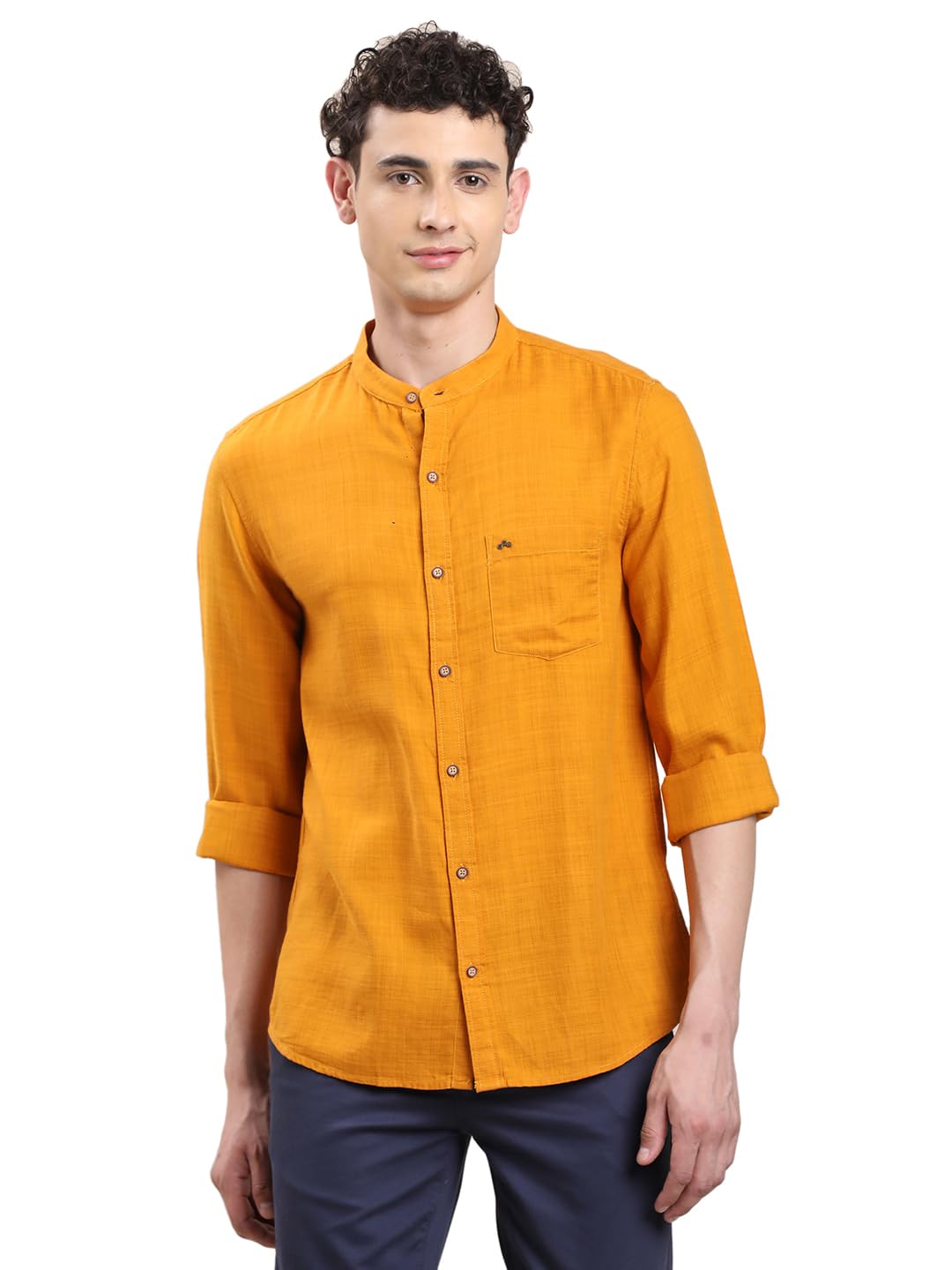 Turtle Men Solid Yellow Casual Shirt | Slim Fit Cotton Lyocell Blend, Soft & Breathable