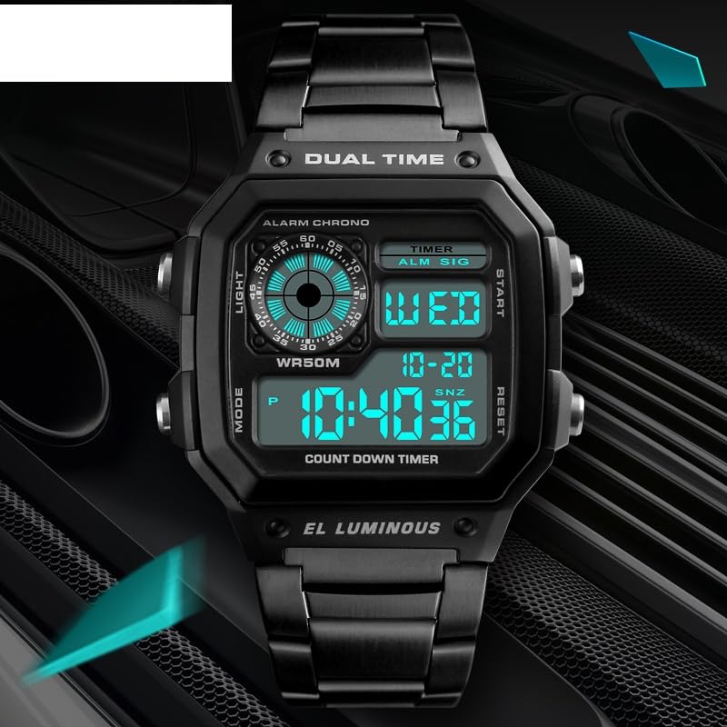 PASOY Men's Digital Multi-Function Watches 2 Time Alarm Stopwatch Countdown Backlight Waterproof Watch (Black)