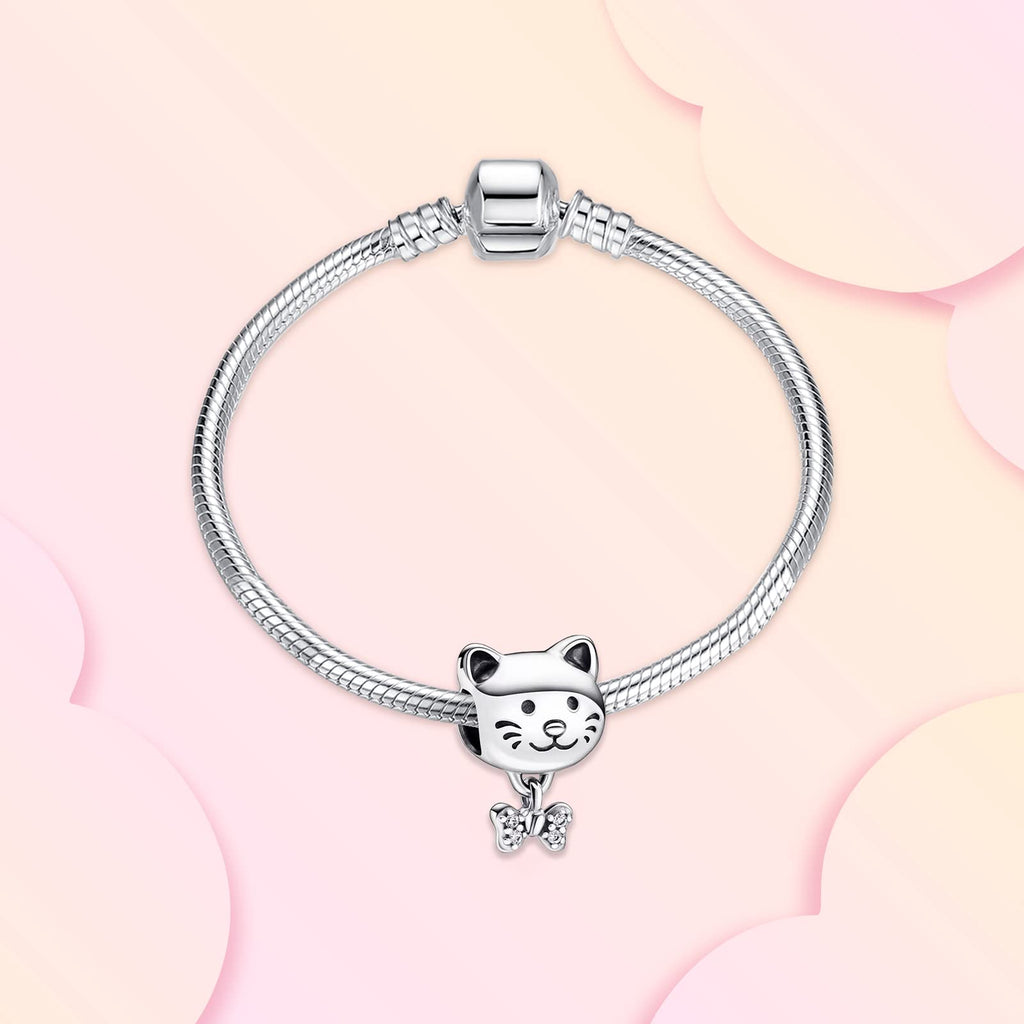 Annmors Pet Cat & Bow Charm 925 Sterling Silver Bead with Cubic Zirconia for Animal Lovers Gifts Christmas Halloween Valentine's